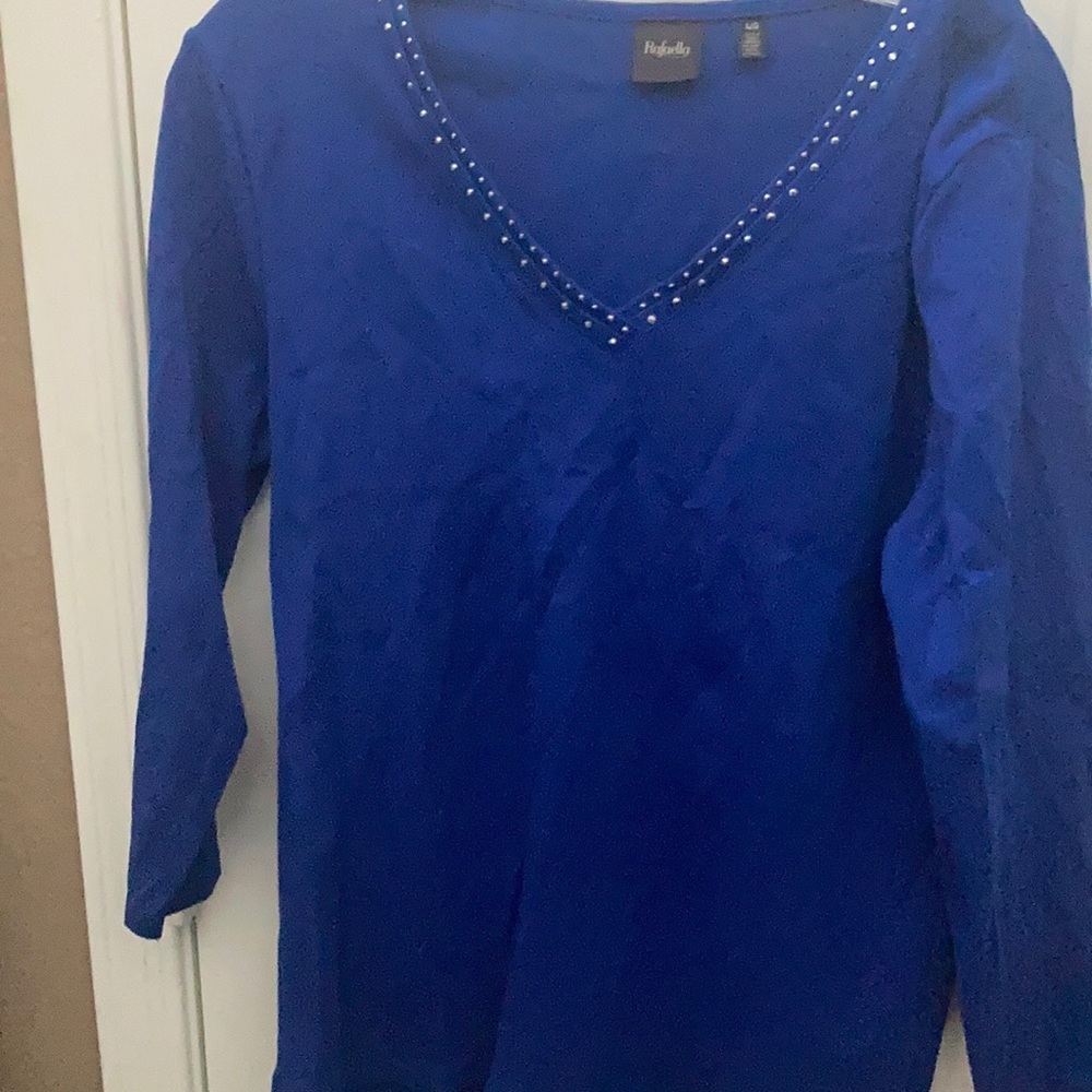 FINAL MARKDOWN Rafaella Blue V-Neck Top with Studded Detail large